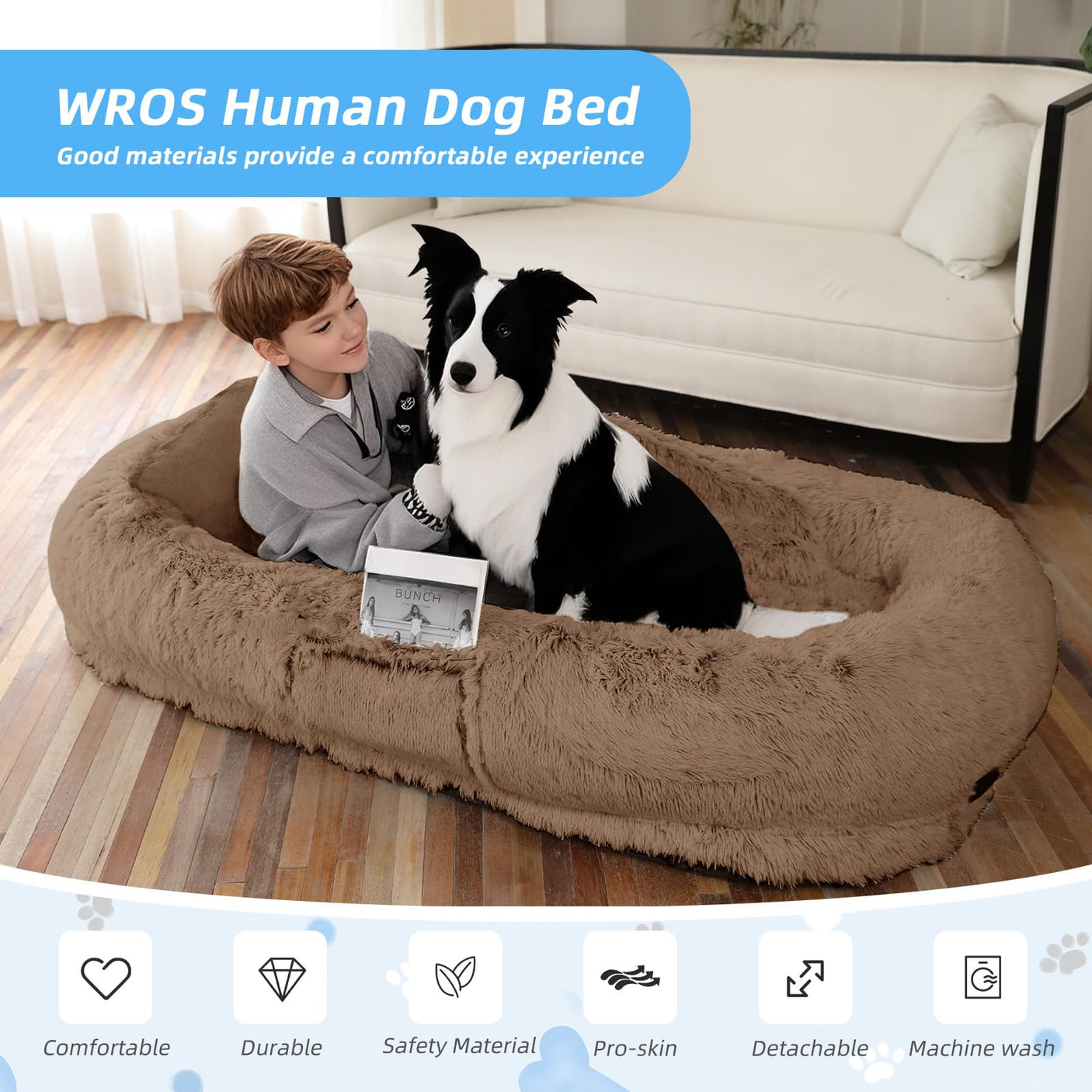 Human Dog Bed, Large Dog Beds for Humans Size Fits You and Pets, Washable Faux Fur Orthopedic Human Pet Bed for People Doze Off, Napping, Present Pillow, Blanket, Strap - Khaki