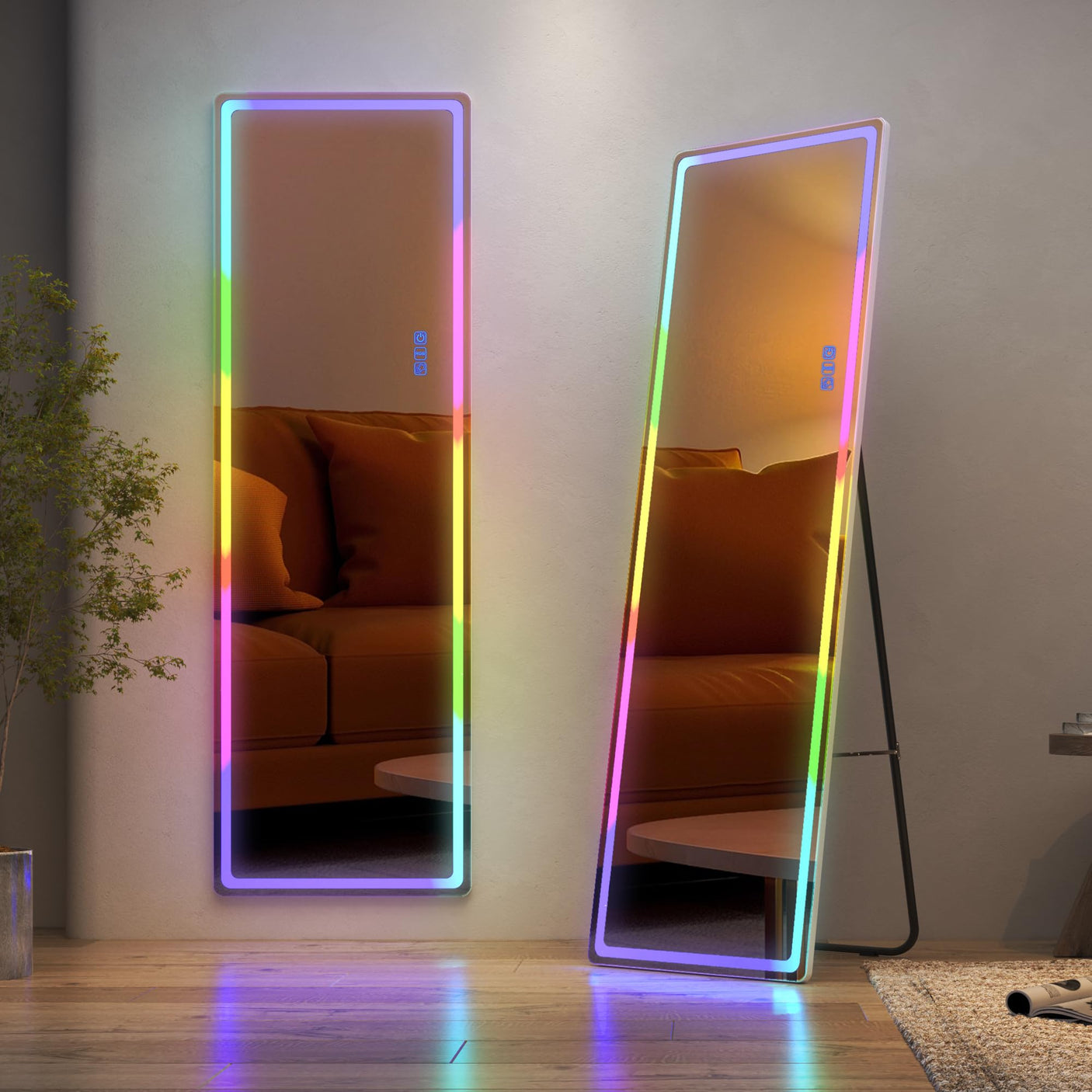 LVSOMT LED RGB Full Length Mirror, Full Body Mirror with Lights, Wall Mounted Lighted Mirror, Over The Door Hanging Mirror, 14 LED Light + Dimmable Brightness + Adjustable Speed, 47" x 16"
