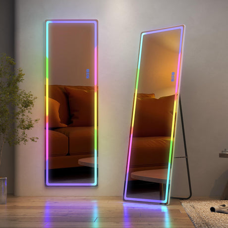 LVSOMT LED RGB Full Length Mirror, Full Body Mirror with Lights, Wall Mounted Lighted Mirror, Over The Door Hanging Mirror, 14 LED Light + Dimmable Brightness + Adjustable Speed, 47" x 16"
