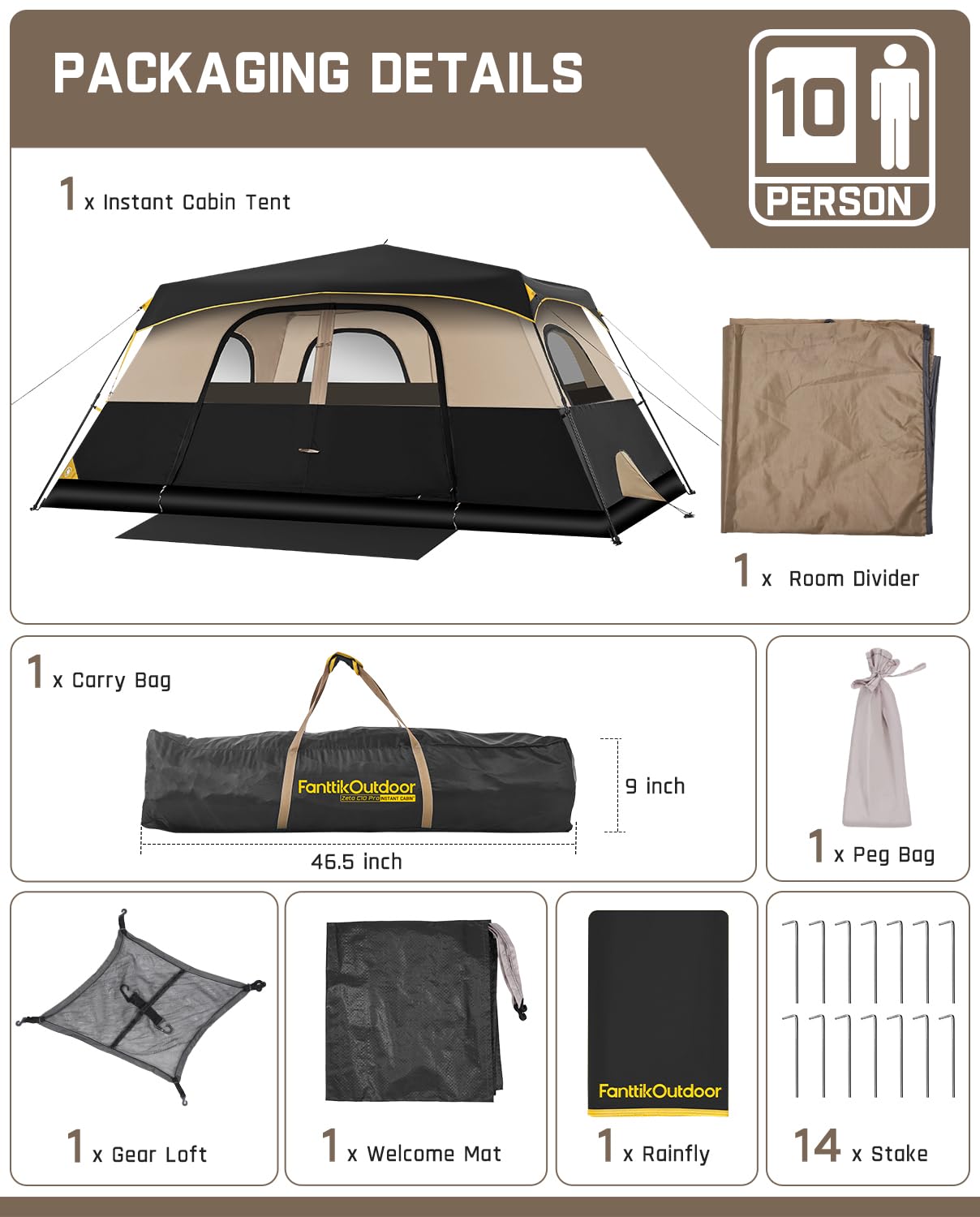 FanttikOutdoor Camping Tent 4/6/8/10 Person Instant Cabin Tent Setup in 60 Seconds with Rainfly & Windproof Portable with Carry Bag for Family Camping & Hiking