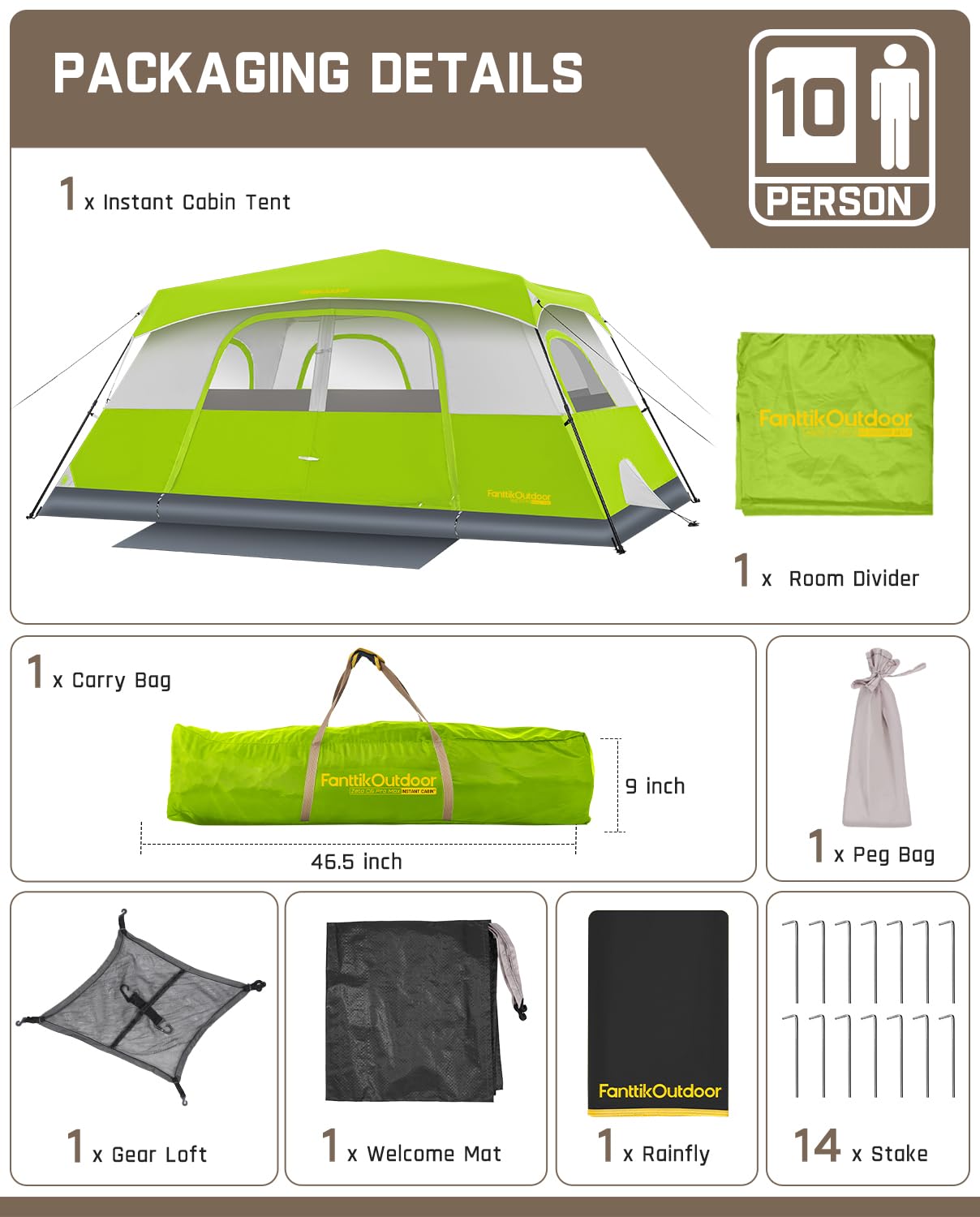 FanttikOutdoor Camping Tent 4/6/8/10 Person Instant Cabin Tent Setup in 60 Seconds with Rainfly & Windproof Portable with Carry Bag for Family Camping & Hiking