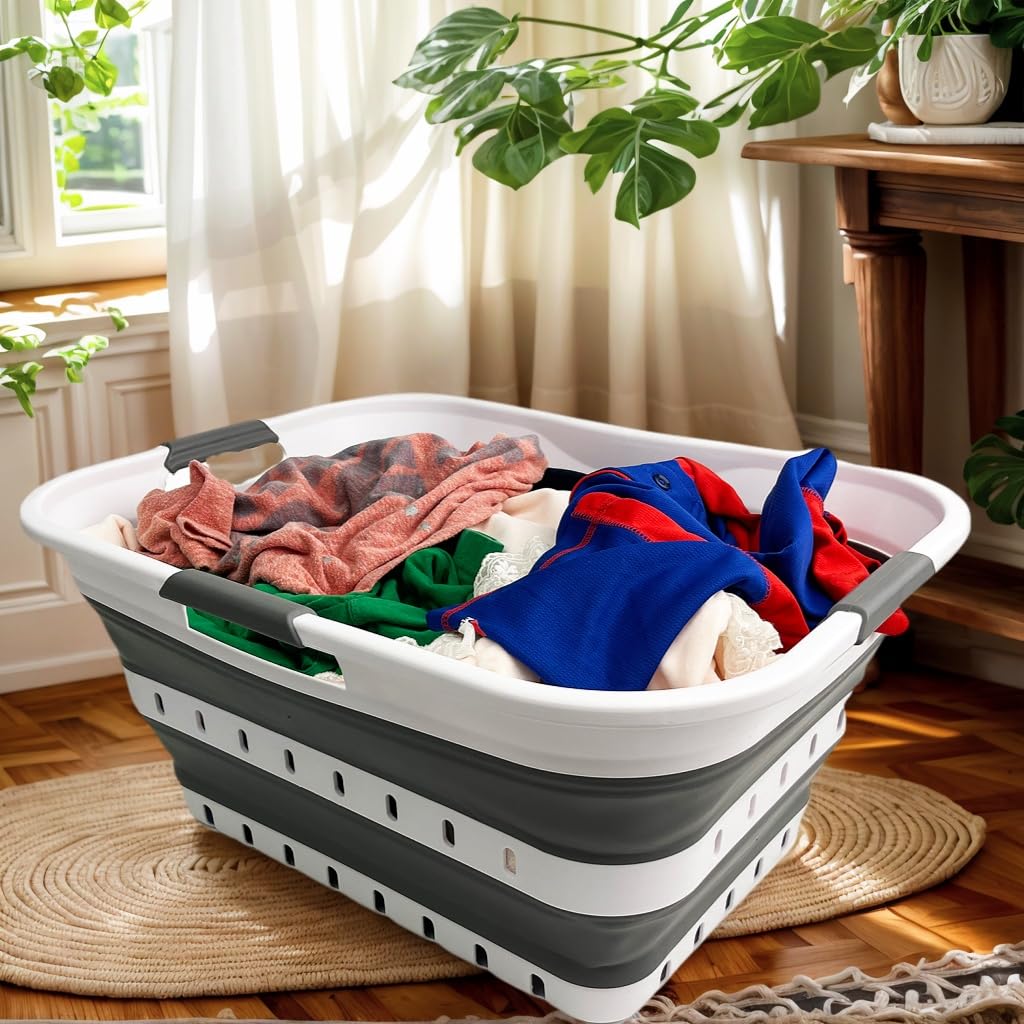 SAMMART 42L (11 gallon) Collapsible Plastic Laundry Basket - Foldable Pop Up Storage Container/Organizer - Space Saving Hamper/Basket (1, White/Grey)