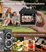 CHUZHAO Digital Camera Retro, Portable TLR Style Twin-Lens Vintage Camera, 12MP Autofocus 1080P FHD Point and Shoot Pocket Vlogging Retro Digital Cameras with16 GB Card for Beginners Teens Boys Girls
