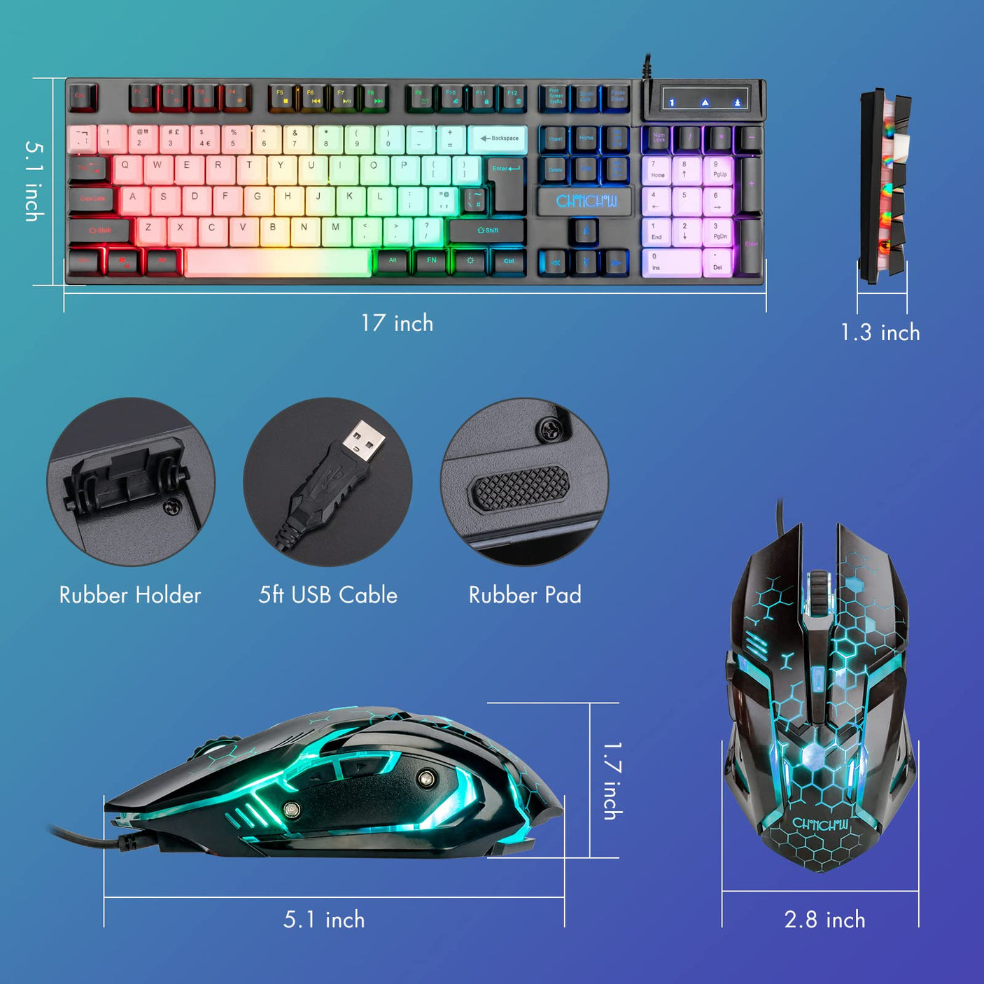 CHONCHOW LED Keyboard and Mouse, 104 Keys Rainbow Backlit Keyboard and 7 Color RGB Mouse, White Gaming Keyboard and Mouse Combo for PC Laptop Xbox PS4 Gamers and Work