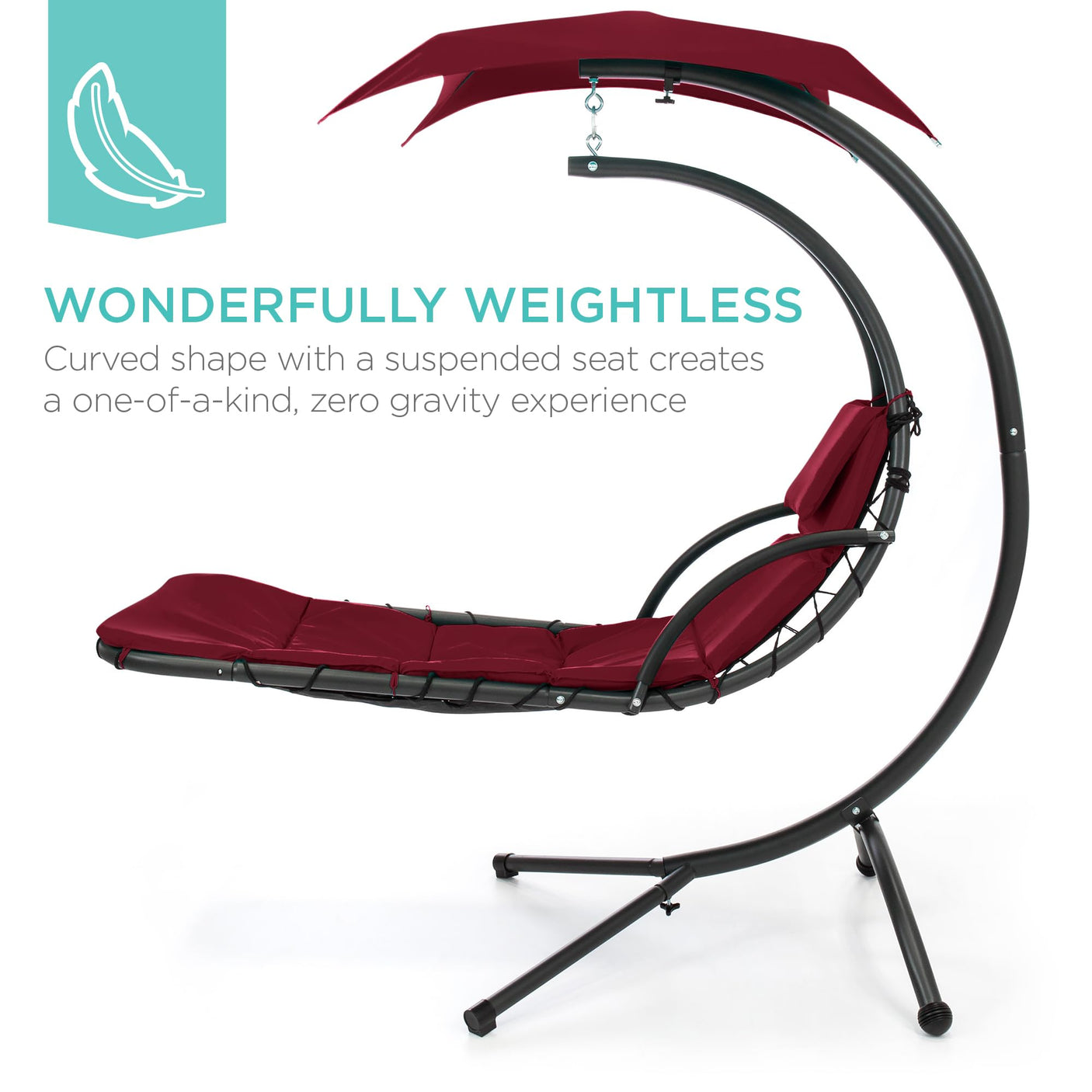 Best Choice Products Outdoor Hanging Curved Steel Chaise Lounge Chair Swing w/Built-in Pillow and Removable Canopy -Red