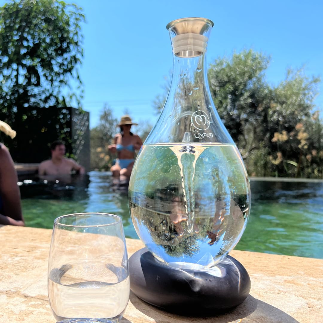MAYU Swirl Carafe | Hand-Blown Glass – Enhances Oxygenation & Taste, Creates Structured Water w/Natural Swirl, BPA-Free Lid, Ideal as Bedside Carafe & Filter Pitcher Alternative | 51 oz (Earth Base)