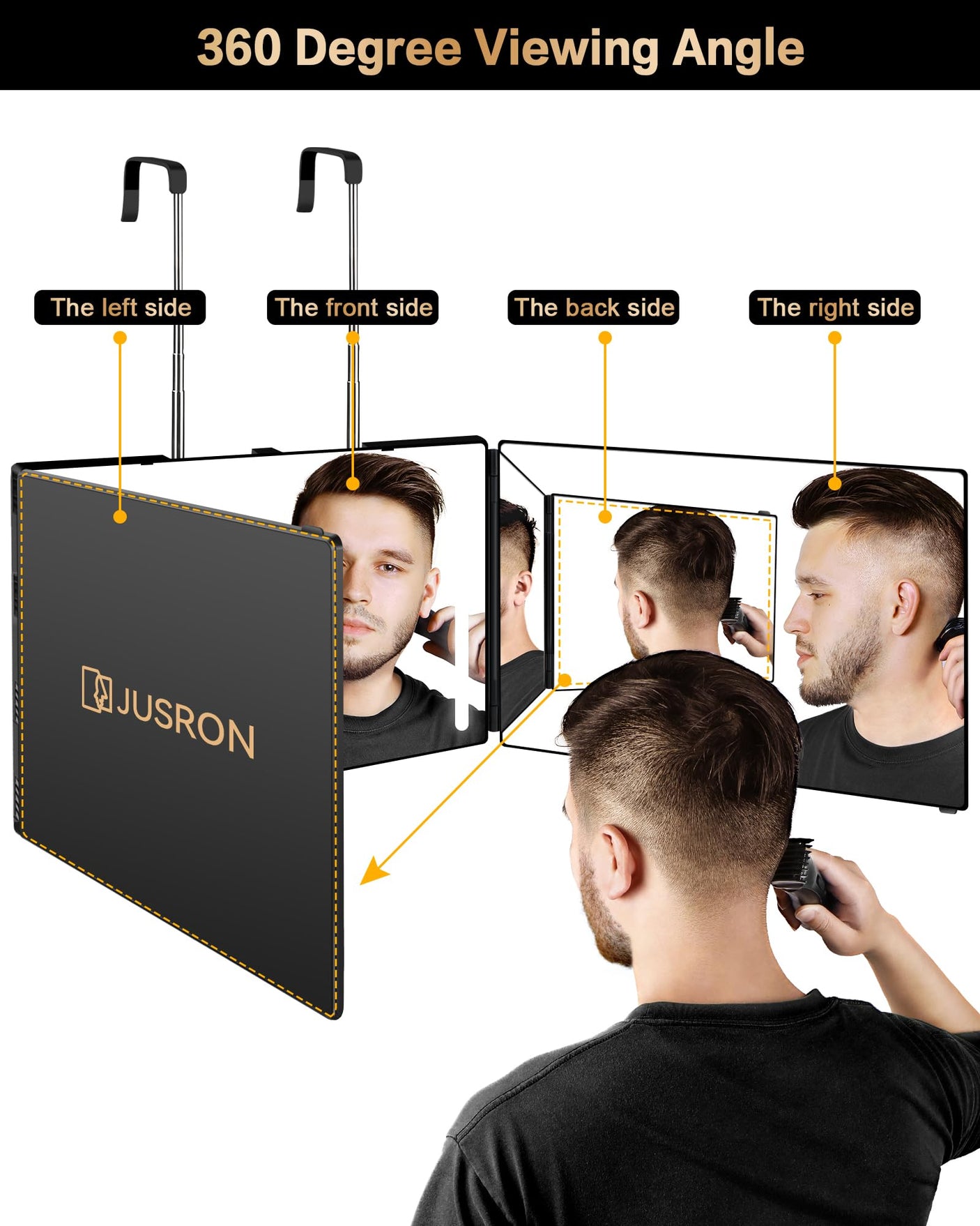 JUSRON 360 Viewing Angle Self Hair Cutting Mirror, Clear Anti-Fog HD Glass (Black Without LED Without Accessories)