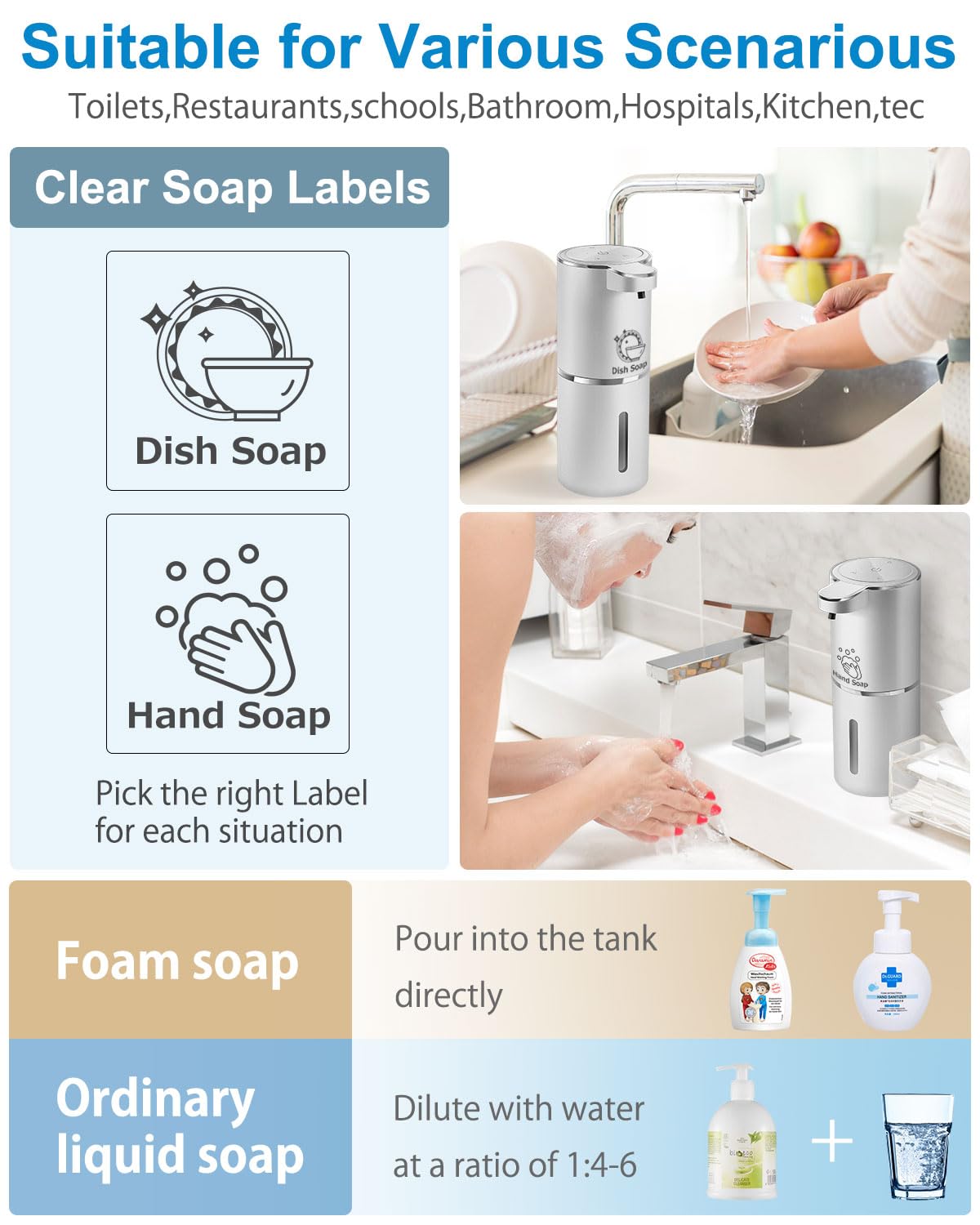 Automatic Foaming Soap Dispenser,4-Level Adjustable Foam, Wall Mount, USB Rechargeable,12.8oz/ 380ml,Touchless Hand & Dish Soap Dispenser for Bathroom, Kitchen,Hotel, Restaurant