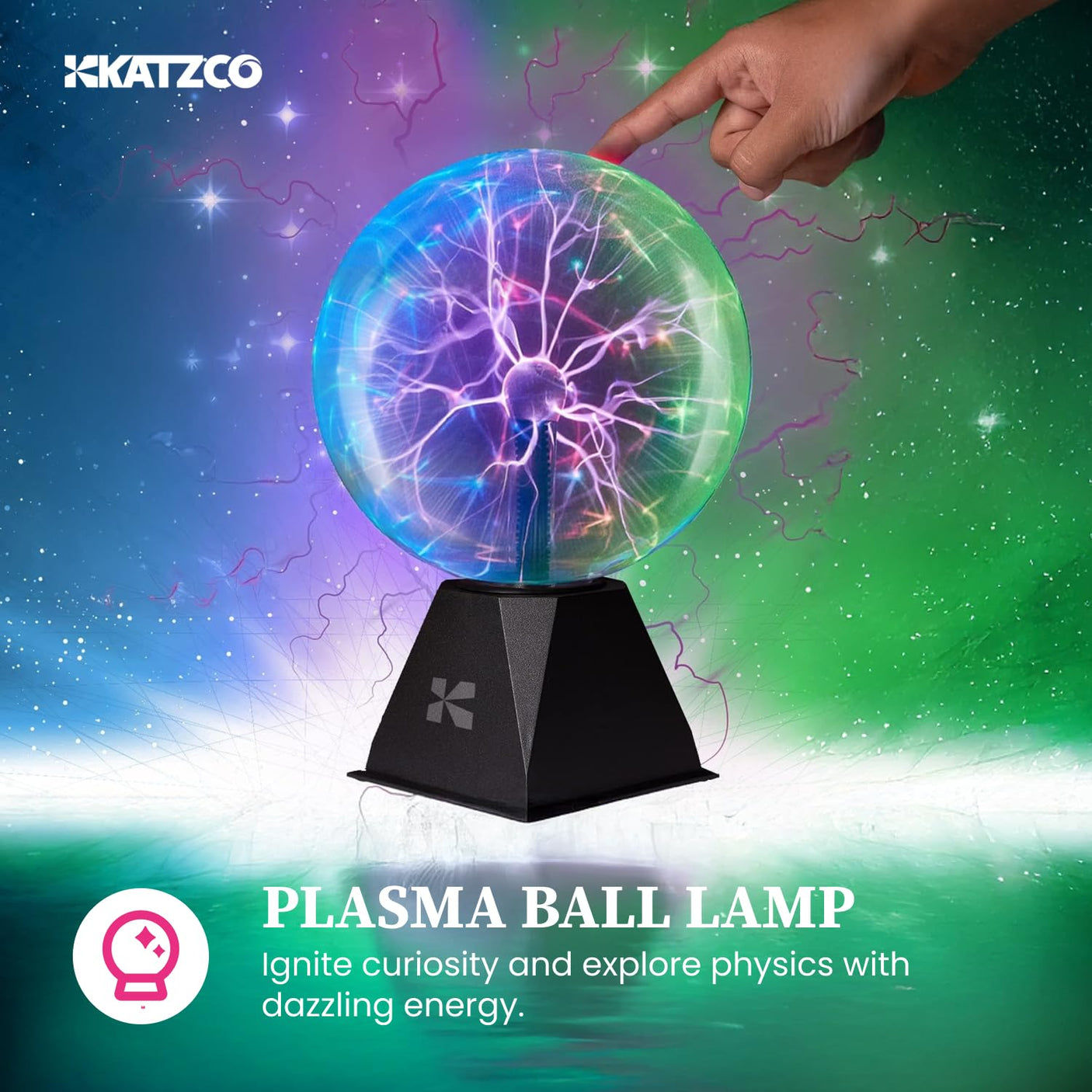 Katzco 7 Inch Plasma Ball Lamp - Touch and Sound Sensitive Electric Globe with Lightning Effects - Plug-in Energy Ball for Parties, Room Decor, and STEM Learning - Static Electricity Sphere for Kids