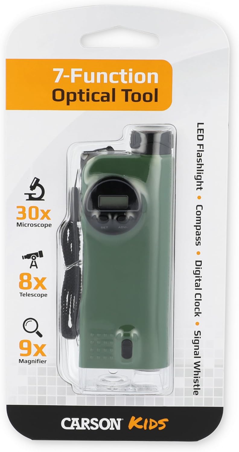 Carson X-Scope Kids 7 Function Multi Purpose Optical Pocket Tool with 30x Microscope, 8x Telescope, 9x Fold-Out Magnifier, Flashlight, Signal Whistle, Directional Compass and Digital Clock (CP-11)