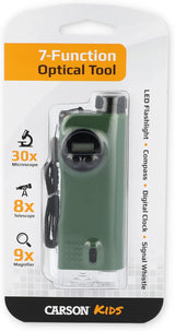 Carson X-Scope Kids 7 Function Multi Purpose Optical Pocket Tool with 30x Microscope, 8x Telescope, 9x Fold-Out Magnifier, Flashlight, Signal Whistle, Directional Compass and Digital Clock (CP-11)