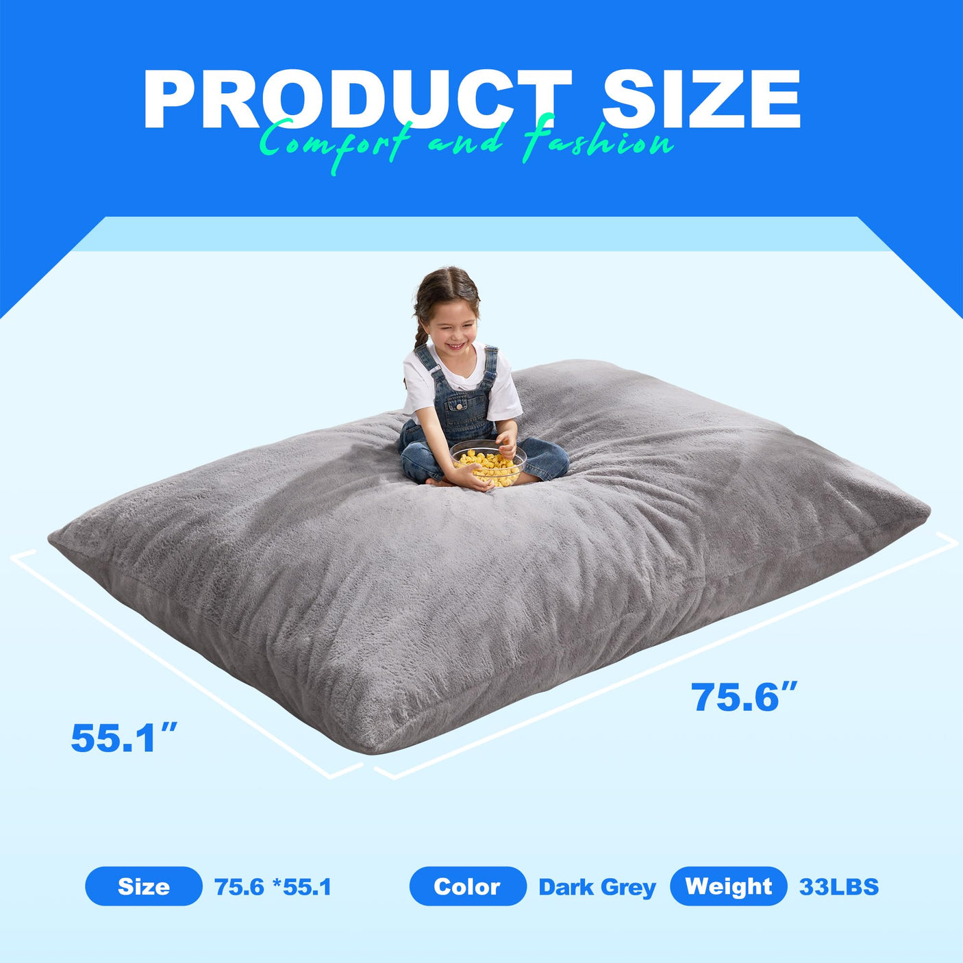 Hobestluk 3 in 1 Bean Bag Chair Giant Bean Bag Chairs Convertible Bean Bag Floor Cushion with Machine Washable Cover, Beanbag Chairs for Adult (Dark Grey)