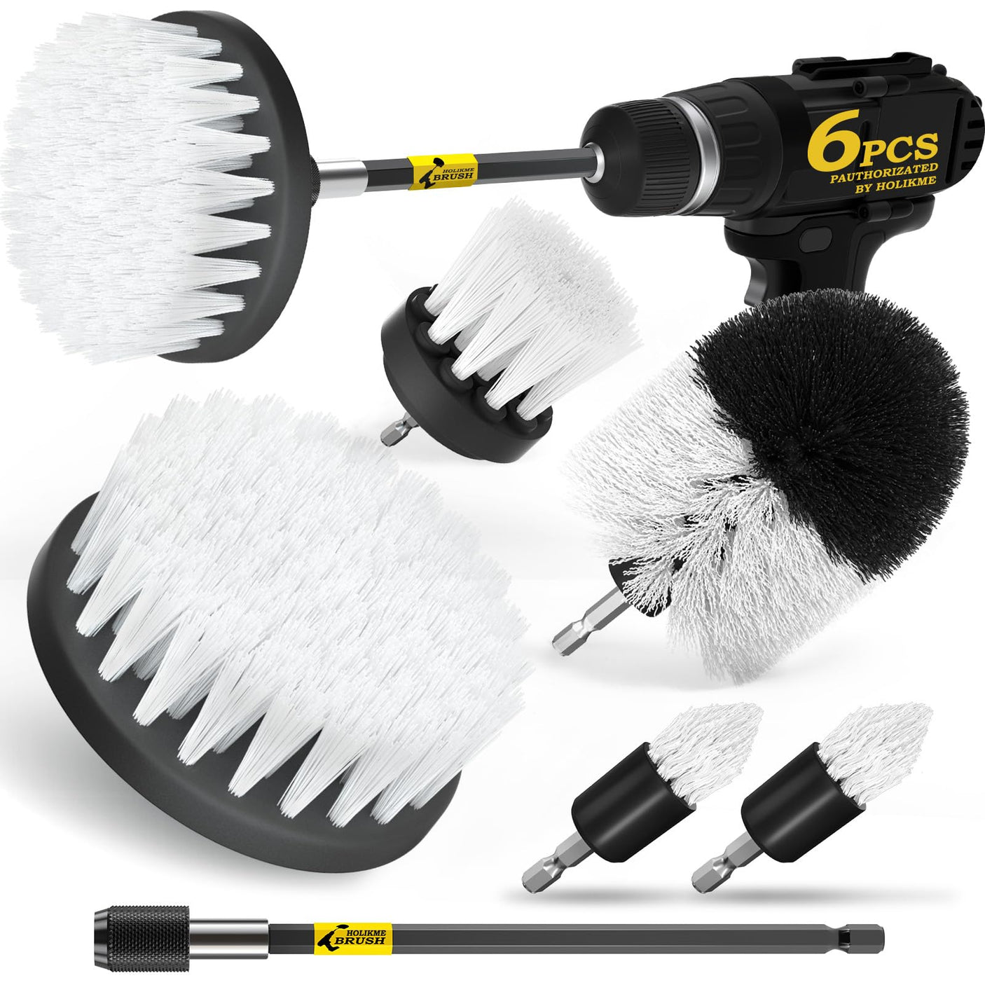 Holikme 6Pack Drill Brush Power Scrubber Cleaning Brush Extended Long Attachment Set All Purpose Drill Scrub Brushes Kit for Grout, Floor, Tub, Bathroom and Kitchen Surface,Scratch Brushes（Yellow）
