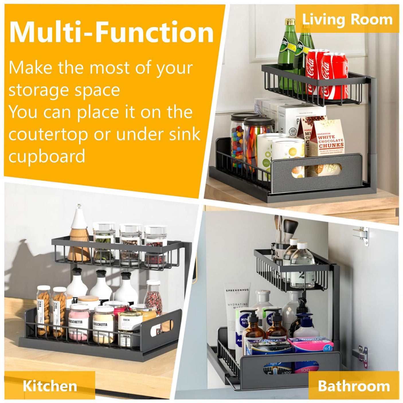Under Sink Organizers and Storage 2 Tier Slide Out Kitchen Cabinet Organizer Sturdy Metal Bathroom Storage (Black, 1 Pack)