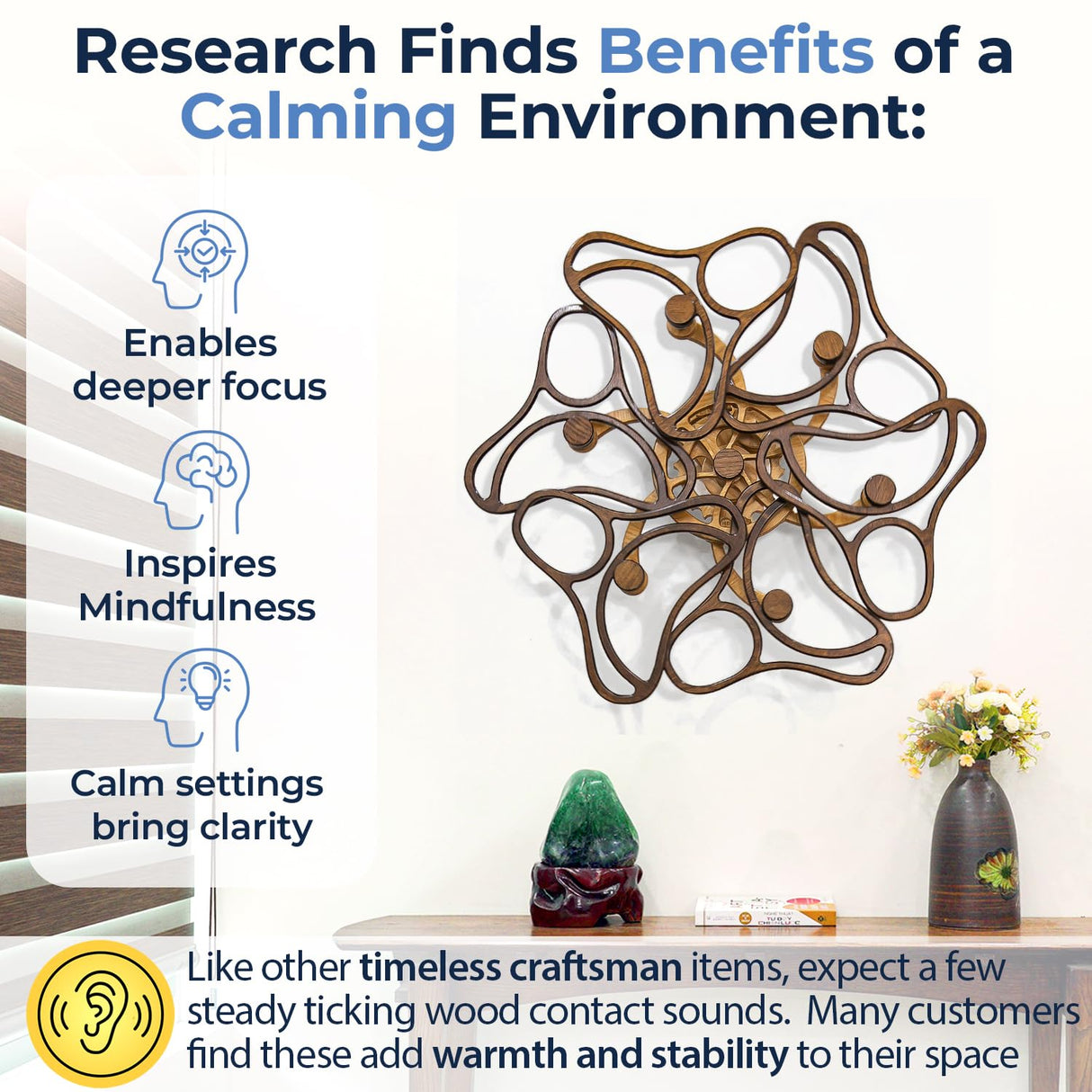 Mindsight Moving Kinetic Wall Art - Wind up to power peaceful motion (no battery) - Calming Wall Décor for Living Room, Office, Bedroom, Kitchen - Hand Crafted Wood - Ripple, Canyon Brown