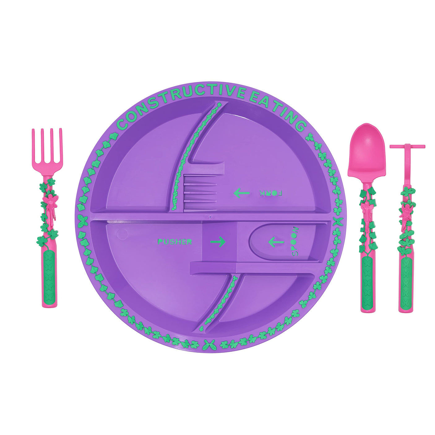 Constructive Eating Plate and Utensils Set - USA-Made Toddler Dinnerware with Divided Plates (Dinosaur)