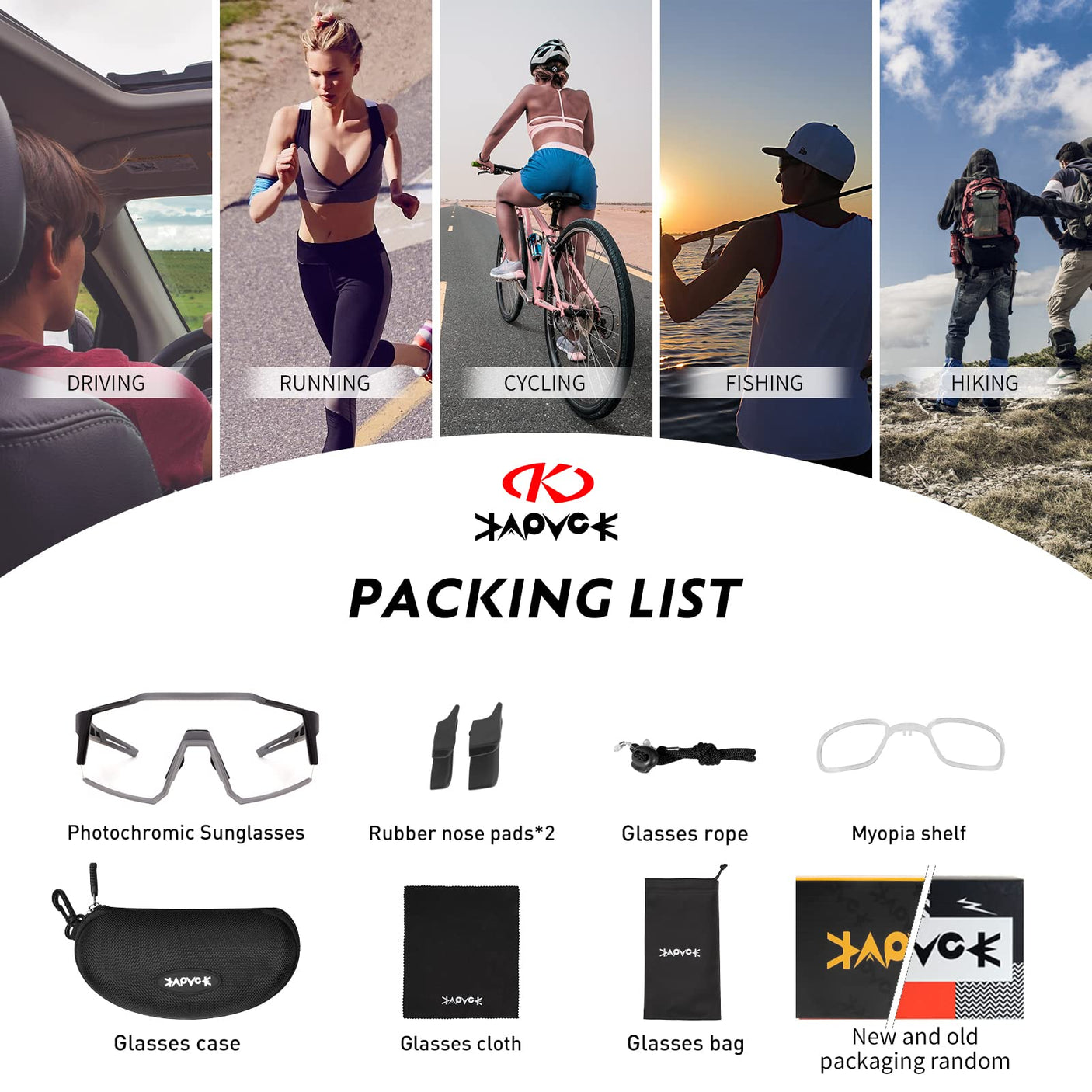 KAPVOE Photochromic Cycling Glasses MTB Clear Mountain Bike Transition Bicycle Sunglasses for Men Women - K9022