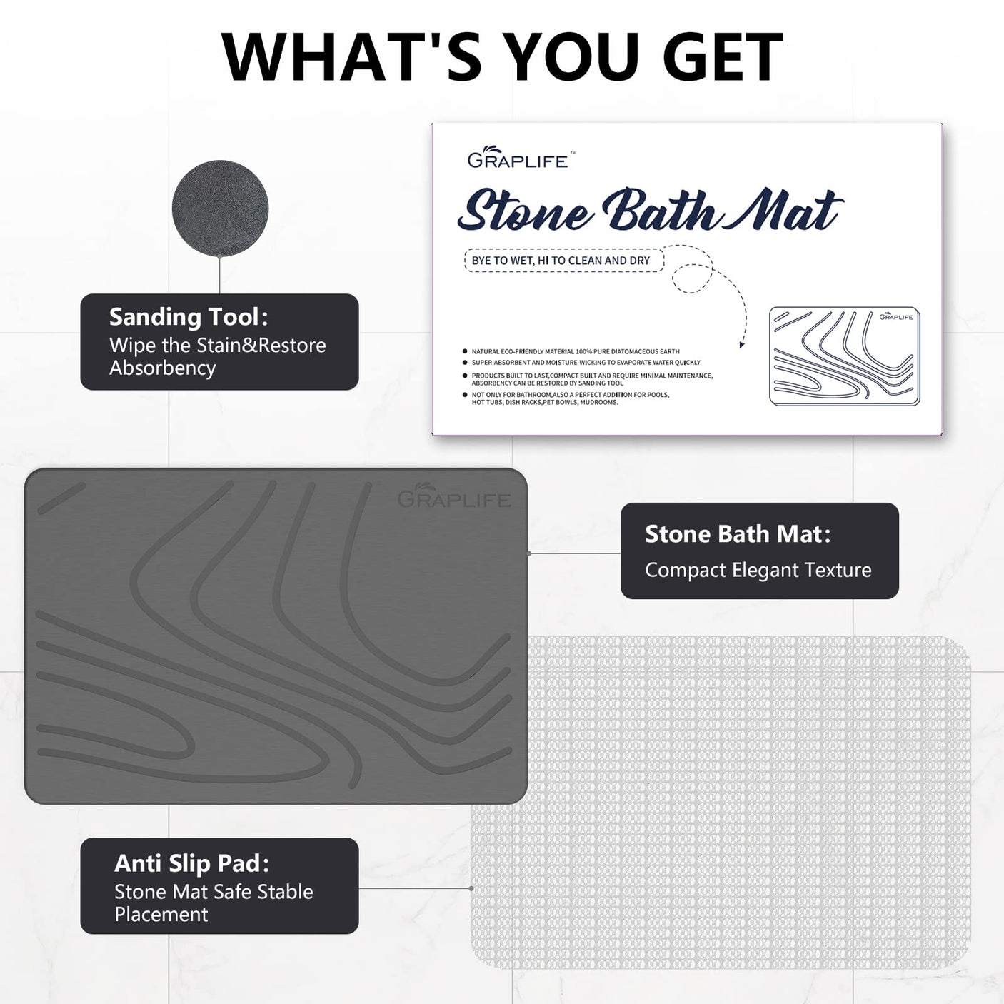 Stone Bath Mat, Diatomaceous Earth Shower Mat, Non-Slip Super Absorbent Quick Drying Bathroom Floor Mat, Natural, Easy to Clean (23.6 x 15.35 Darkgrey)