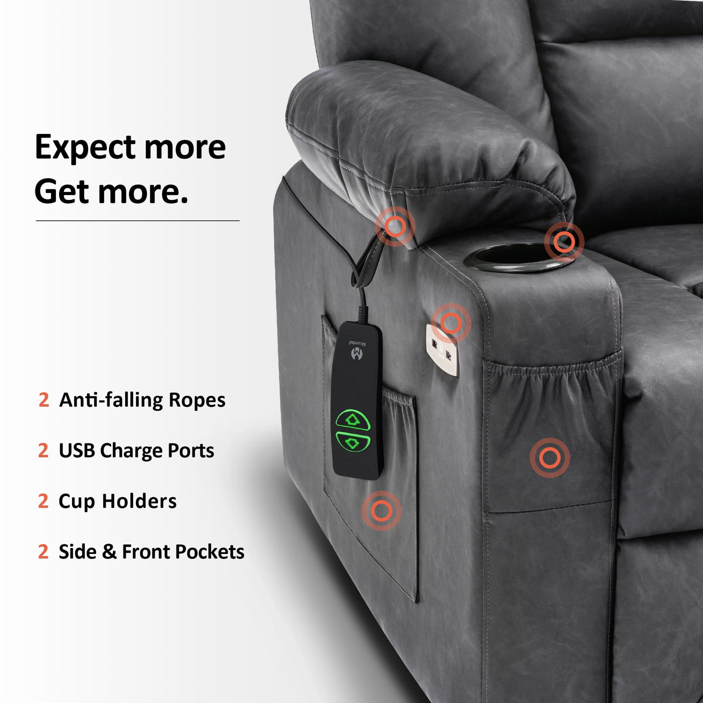 MCombo Power Lift Recliner Chair for Elderly, Lift Chair with Heat and Massage, USB Ports, Cup Holders, Faux Leather 7519 (Medium, Dark Brown)