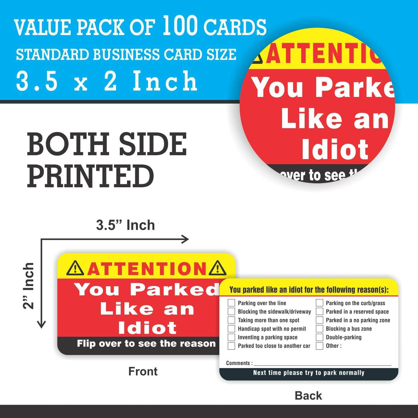 PARTH iMPEX You Parked Like an Idiot Business Cards (Pack of 100) Bad Parking Cards 3.5"x2" Multi Reasons Violation stocking stuffers for adults
