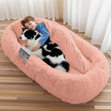 Human Dog Bed, Large Dog Beds for Humans Size Fits You and Pets, Washable Faux Fur Orthopedic Human Pet Bed for People Doze Off, Napping, Present Pillow, Blanket, Strap - Khaki