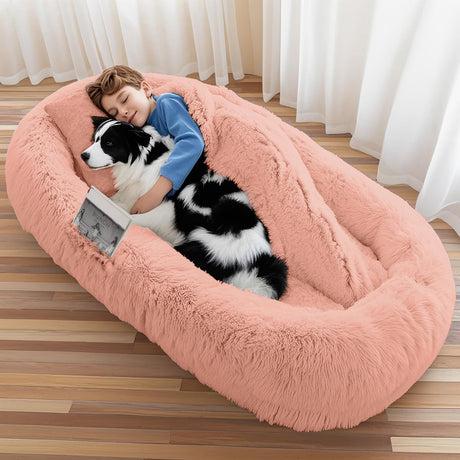 Human Dog Bed, Large Dog Beds for Humans Size Fits You and Pets, Washable Faux Fur Orthopedic Human Pet Bed for People Doze Off, Napping, Present Pillow, Blanket, Strap - Khaki