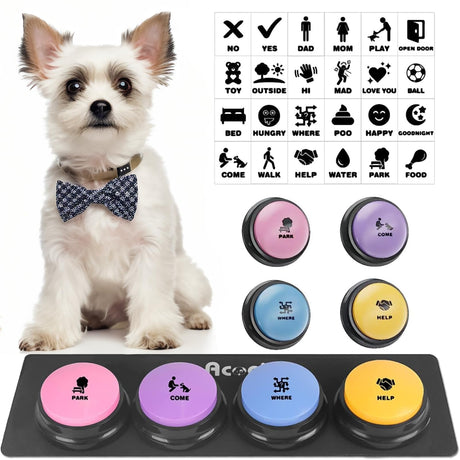 Dog Buttons for Communication, 8 Pcs Dog Talking Button Set, 30s Recordable Voice Pet Buzzer Training Buttons, Speaking Button for Dogs with Waterproof Anti-Slip Dog Button Mat and 48 Scene Stickers