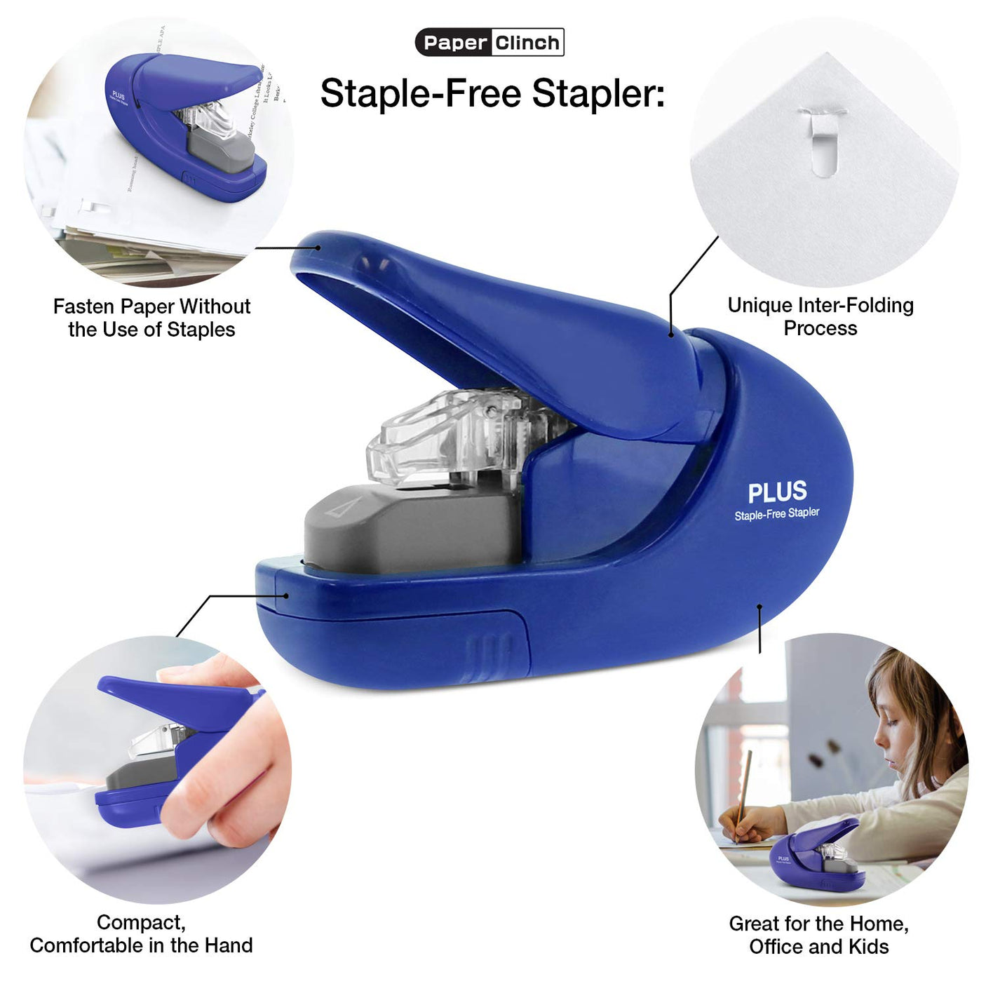 Plus Paper Clinch Compact Staple Free Staple Blue Turquoise