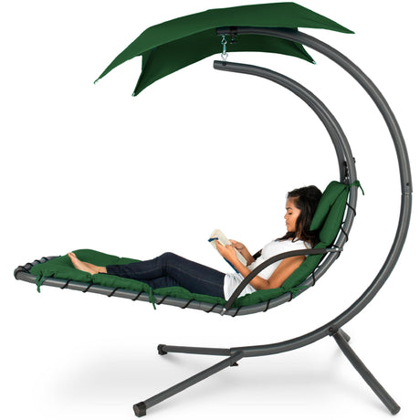 Best Choice Products Outdoor Hanging Curved Steel Chaise Lounge Chair Swing w/Built-in Pillow and Removable Canopy -Red