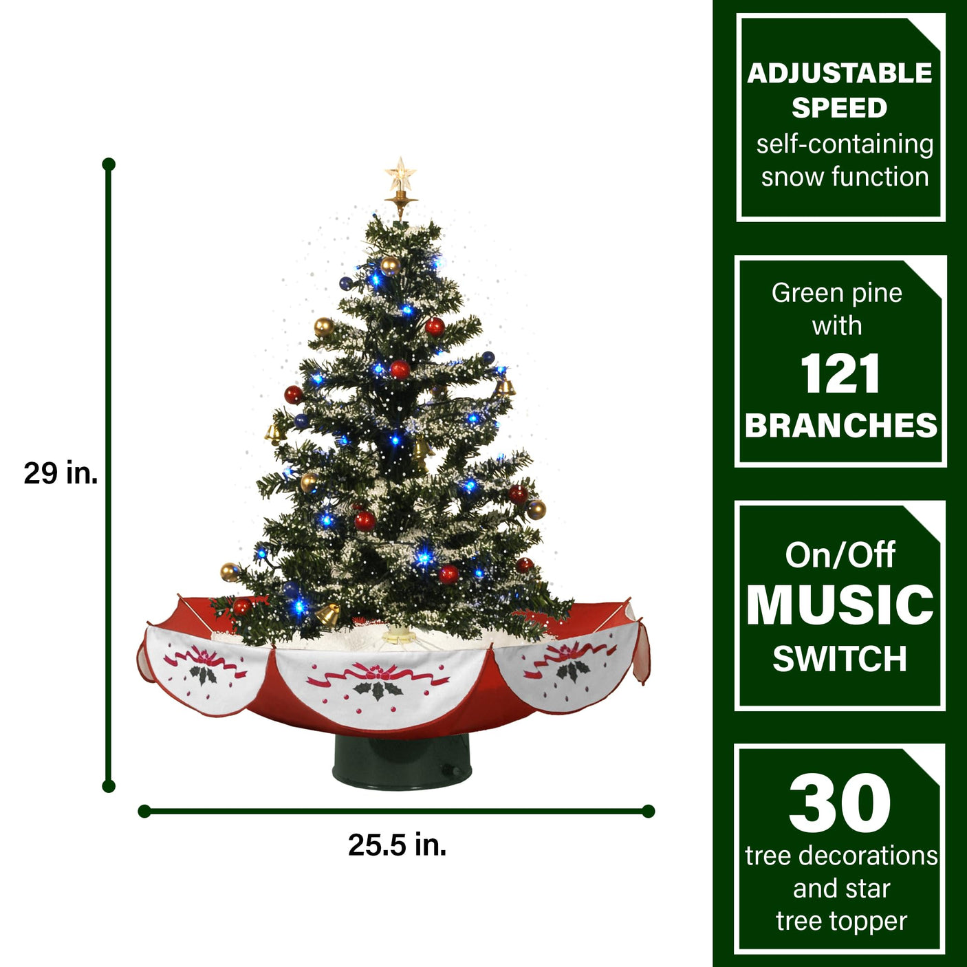 Fraser Hill Farm 29-in. Snowing Musical Christmas Tree with Warm White LED Lights, 25 Christmas Carols, Decorations, Star Topper, and Red Umbrella Base, Festive Xmas Decor for Foyer and Family Room