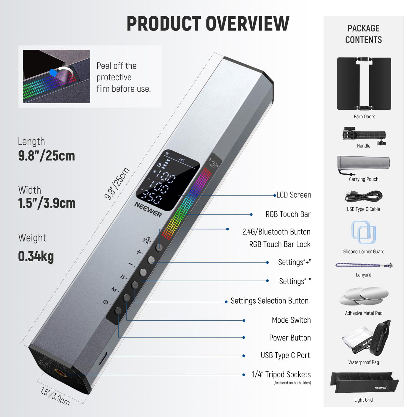 NEEWER RGB LED Video Light Stick, Touch Bar & APP Control, Magnetic Handheld Photography Lighting Wand, Dimmable 3200K~5600K CRI98+ Full Color LED Light with 6400mAh Battery, 17 Scenes, RGB1