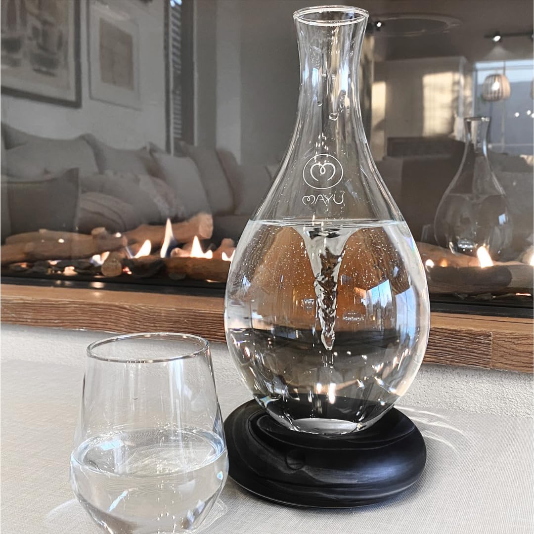 MAYU Swirl Carafe | Hand-Blown Glass – Enhances Oxygenation & Taste, Creates Structured Water w/Natural Swirl, BPA-Free Lid, Ideal as Bedside Carafe & Filter Pitcher Alternative | 51 oz (Earth Base)