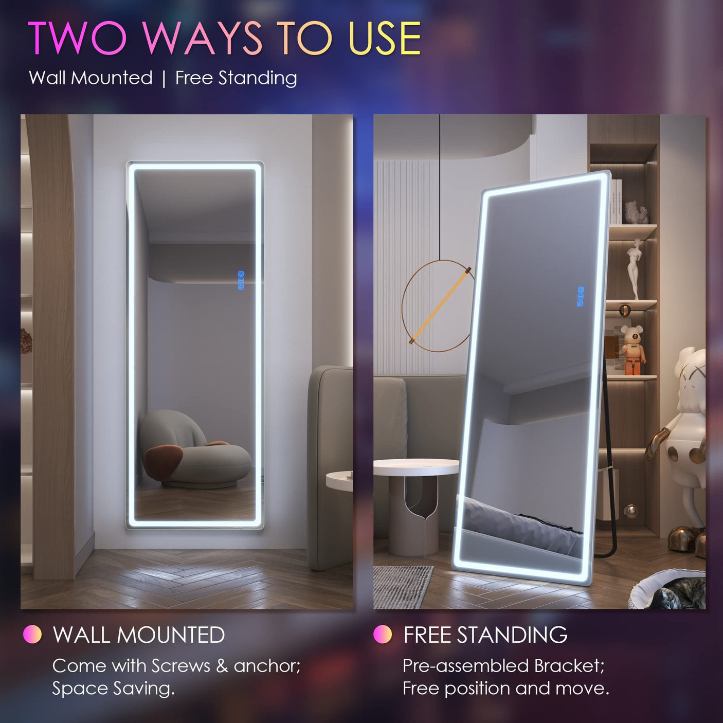 LVSOMT LED RGB Full Length Mirror, Full Body Mirror with Lights, Wall Mounted Lighted Mirror, Over The Door Hanging Mirror, 14 LED Light + Dimmable Brightness + Adjustable Speed, 47" x 16"