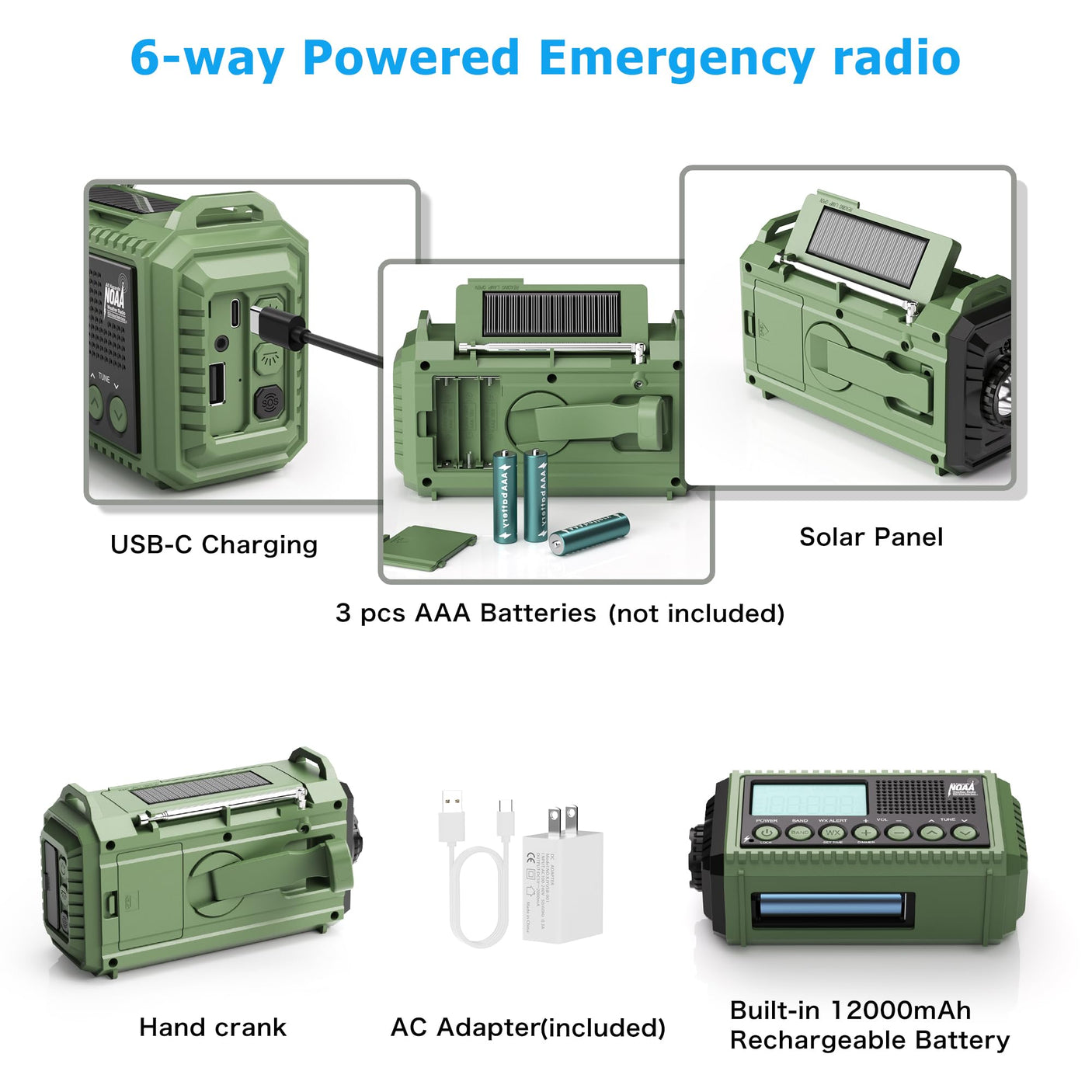 NOAA Weather Radio, Emergency Hand Crank Radio with Solar Charger, Portable Battery Operated AM FM Shortwave Radio with LED Flashlight, USB Charger, Earbud Jack, SOS Alert for Home Survival Hurricane