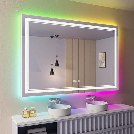 60x30 Inch LED Bathroom Mirror with Lights, Color Changing RGD Backlit and Front Light Mirror,Lighted Vanity Mirrors for Bathroom Wall, Dimmable, Anti-Fog,Shatterproof,Memory