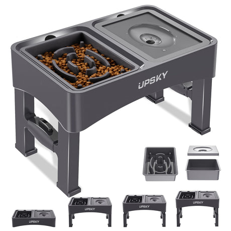 UPSKY 2-in-1 Elevated Dog Bowls Slow Feeder, 4 Height Adjustable Raised Bowls Stand, No Spill Dog Water Bowls, Anti-Slip Food and Water Bowl for Small Medium Dogs(Not Include Stainless Steel Bowl)