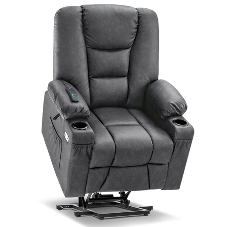 MCombo Power Lift Recliner Chair for Elderly, Lift Chair with Heat and Massage, USB Ports, Cup Holders, Faux Leather 7519 (Medium, Dark Brown)