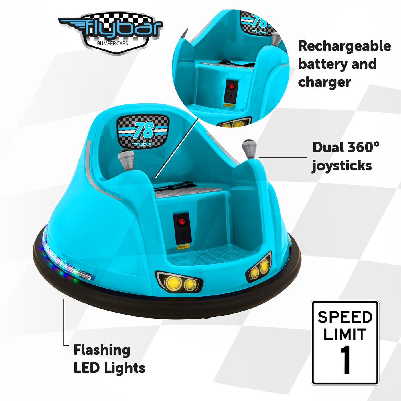 Flybar 6V Blue Glow Bumper Car for Kids – LED Ride-On Toy with 360° Spin, Rechargeable Battery, and Soft Rubber Bumpers – Safe Indoor Fun for Toddlers Ages 1.5+, Up to 66 lbs
