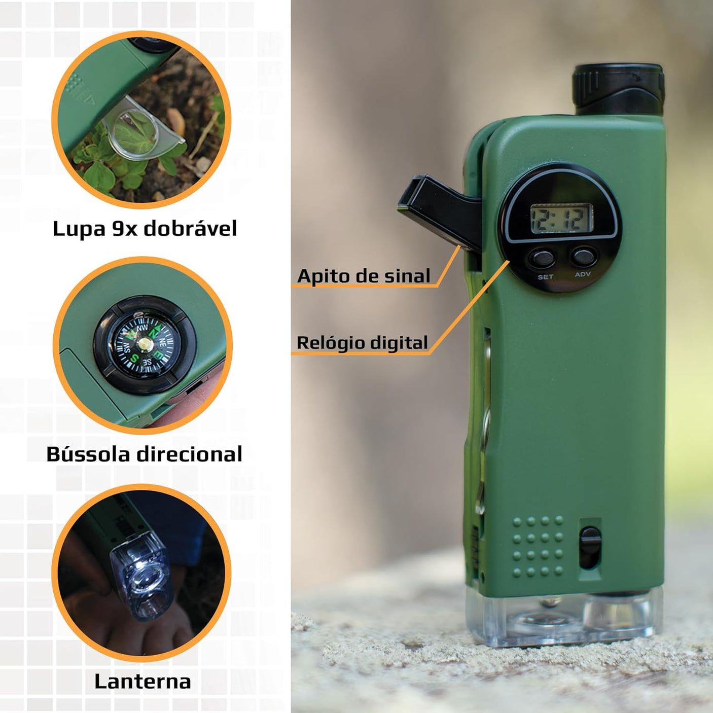 Carson X-Scope Kids 7 Function Multi Purpose Optical Pocket Tool with 30x Microscope, 8x Telescope, 9x Fold-Out Magnifier, Flashlight, Signal Whistle, Directional Compass and Digital Clock (CP-11)