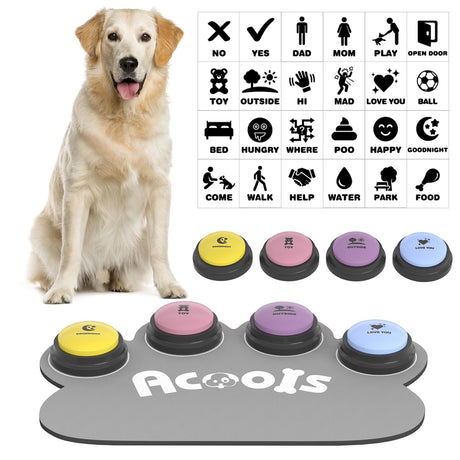 Dog Buttons for Communication, 8 Pcs Dog Talking Button Set, 30s Recordable Voice Pet Buzzer Training Buttons, Speaking Button for Dogs with Waterproof Anti-Slip Dog Button Mat and 48 Scene Stickers