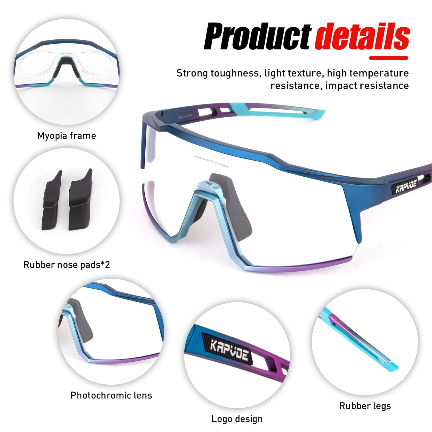 KAPVOE Photochromic Cycling Glasses MTB Clear Mountain Bike Transition Bicycle Sunglasses for Men Women - K9022