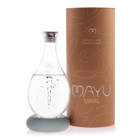 MAYU Swirl Carafe | Hand-Blown Glass – Enhances Oxygenation & Taste, Creates Structured Water w/Natural Swirl, BPA-Free Lid, Ideal as Bedside Carafe & Filter Pitcher Alternative | 51 oz (Earth Base)