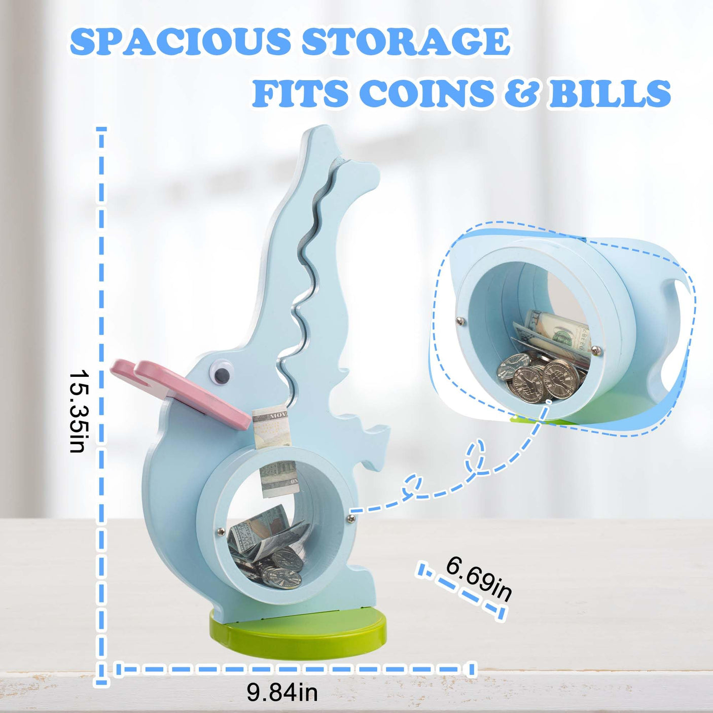 Wooden Dinosaur Piggy Bank Boalord for Boys Kids Girls Clear Big Belly Animal Coin Bank for Toddler Real Money Toy（Dino-Blue）