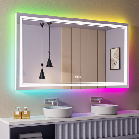 60x30 Inch LED Bathroom Mirror with Lights, Color Changing RGD Backlit and Front Light Mirror,Lighted Vanity Mirrors for Bathroom Wall, Dimmable, Anti-Fog,Shatterproof,Memory