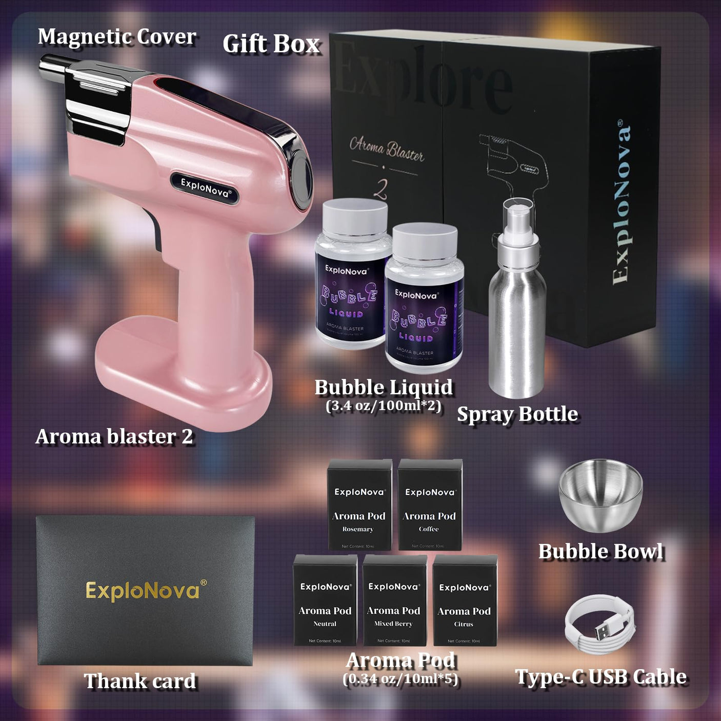 Cocktail Bubble Smoke Gun with 5 Flavour Aroma Pods and Edible Bubbles, Electric Bubble Smoke Machine, Food Drink Decor Perfect for Bar, Party and Home, Gift for Engagement & Birthday