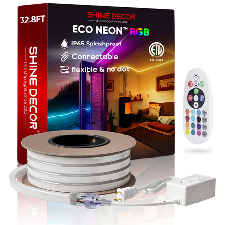 Shine Decor LED RGB Neon Rope Lights AC 120V, Expandable & Cuttable Bright Strip Lighting with Remote, Dimmable Color Changing, ETL Cold-Resistant & IP65 Waterproof for in&Outdoor, 10x20mm, 131.2FT