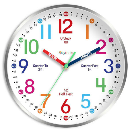 Wall Clock for Kids Learning to Tell Time Easily Non Ticking Battery Operated Kids Teaching Clock Silent Colorful Teaching Time Clock Decorative for Kids Room Classroom School (8 Inch)