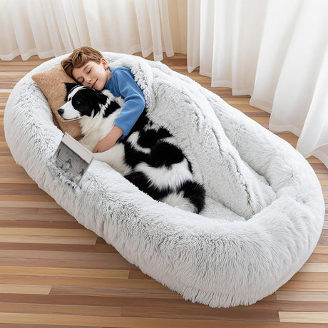Human Dog Bed, Large Dog Beds for Humans Size Fits You and Pets, Washable Faux Fur Orthopedic Human Pet Bed for People Doze Off, Napping, Present Pillow, Blanket, Strap - Khaki