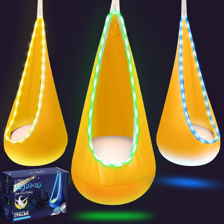 Light Up Kids Pod Swing Seat, Upgraded Kids Hanging Hammock Swing with LED Lights, Cotton Sensory Pod Swing Chair with Inflatable Pillow, Pod Swing for Kids Indoor & Outdoor (1 PCS) (Blue)