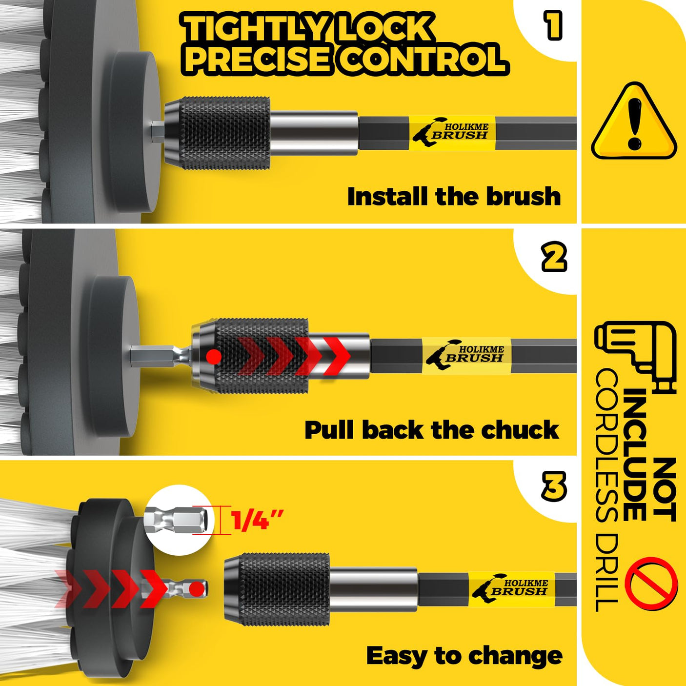 Holikme 6Pack Drill Brush Power Scrubber Cleaning Brush Extended Long Attachment Set All Purpose Drill Scrub Brushes Kit for Grout, Floor, Tub, Bathroom and Kitchen Surface,Scratch Brushes（Yellow）